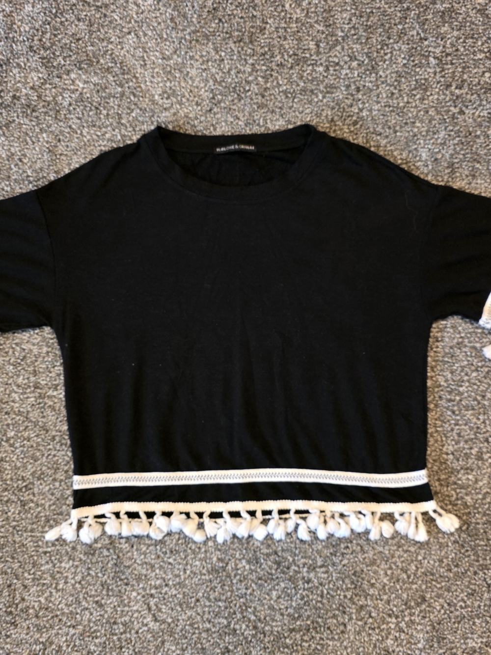 Black Crop Top with White Tassel Trim